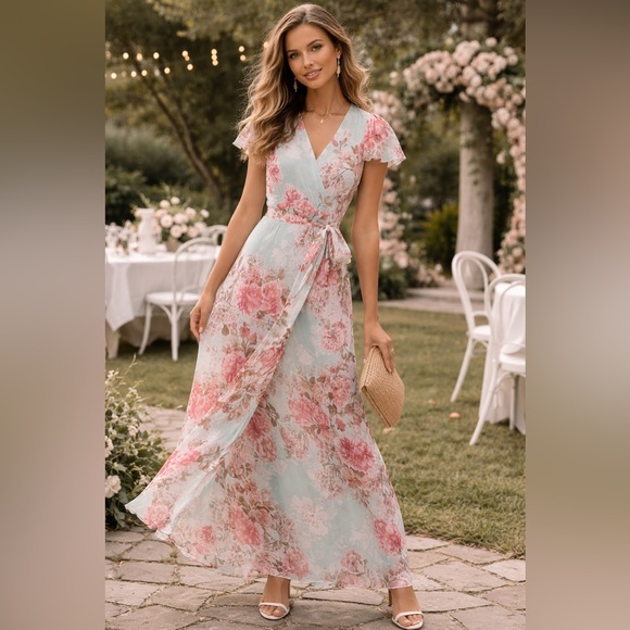 Eliza J Floral Chiffon Maxi Dress Blue Pink Wrap Style Flutter Sleeve Size 4 NWT - Picture 3 of 9